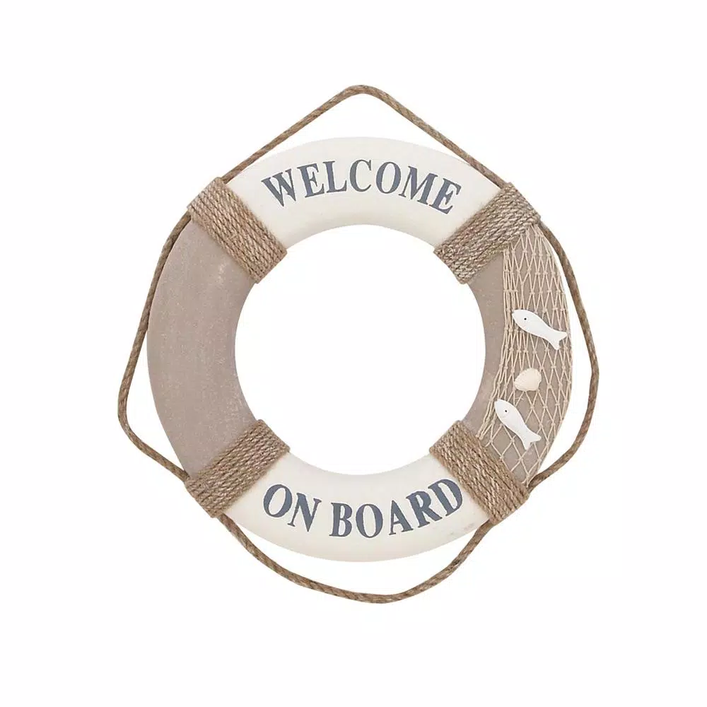 LITTON LANE 16 in. Coastal Living Decorative Life Ring Wall Decor - White & Brown Nautical Lifebuoy with Rope Hanger
