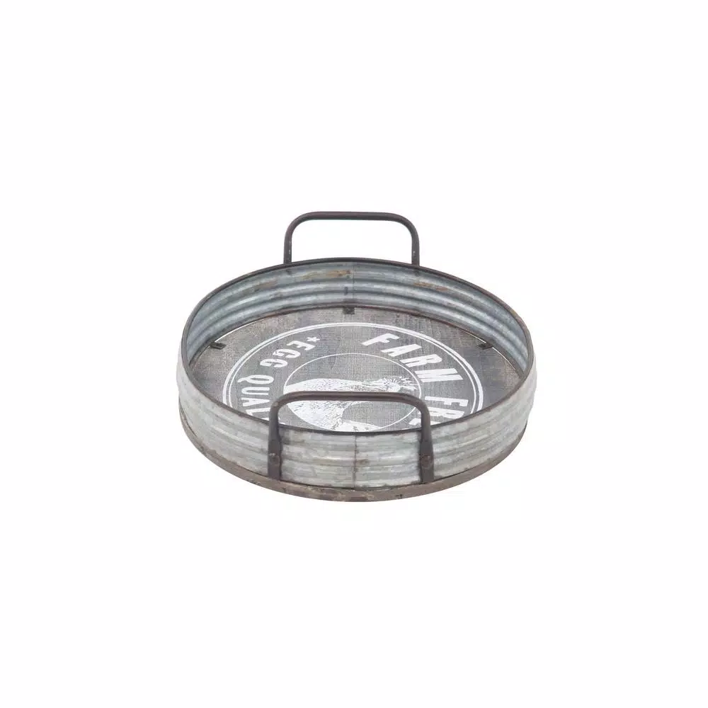 LITTON LANE Distressed Silver Galvanized Iron Decorative Trays with Handles, Set of 2