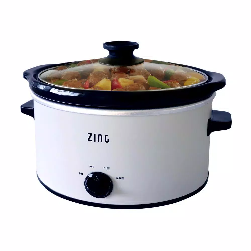 Zing 4 Qt. Oval White Slow Cooker with Glass Lid and Removable Stoneware Insert