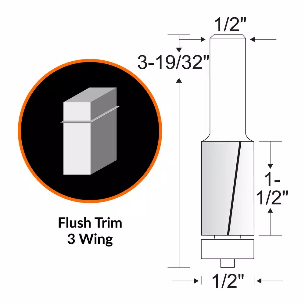 WEN 1/2 in. Flush Trim 3-Wing Carbide Tipped Router Bit, 1/2 in. Shank