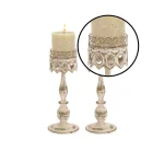LITTON LANE 14 in. Distressed Ivory Iron Pillar Candle Holders with Filigree Design (Set of 2) thumbnail 4