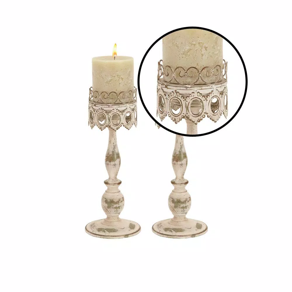 LITTON LANE 14 in. Distressed Ivory Iron Pillar Candle Holders with Filigree Design (Set of 2)