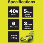 RYOBI 40V 20 in. Brushless Cordless Push Lawn Mower with 6 Ah Battery and Charger Included thumbnail 3