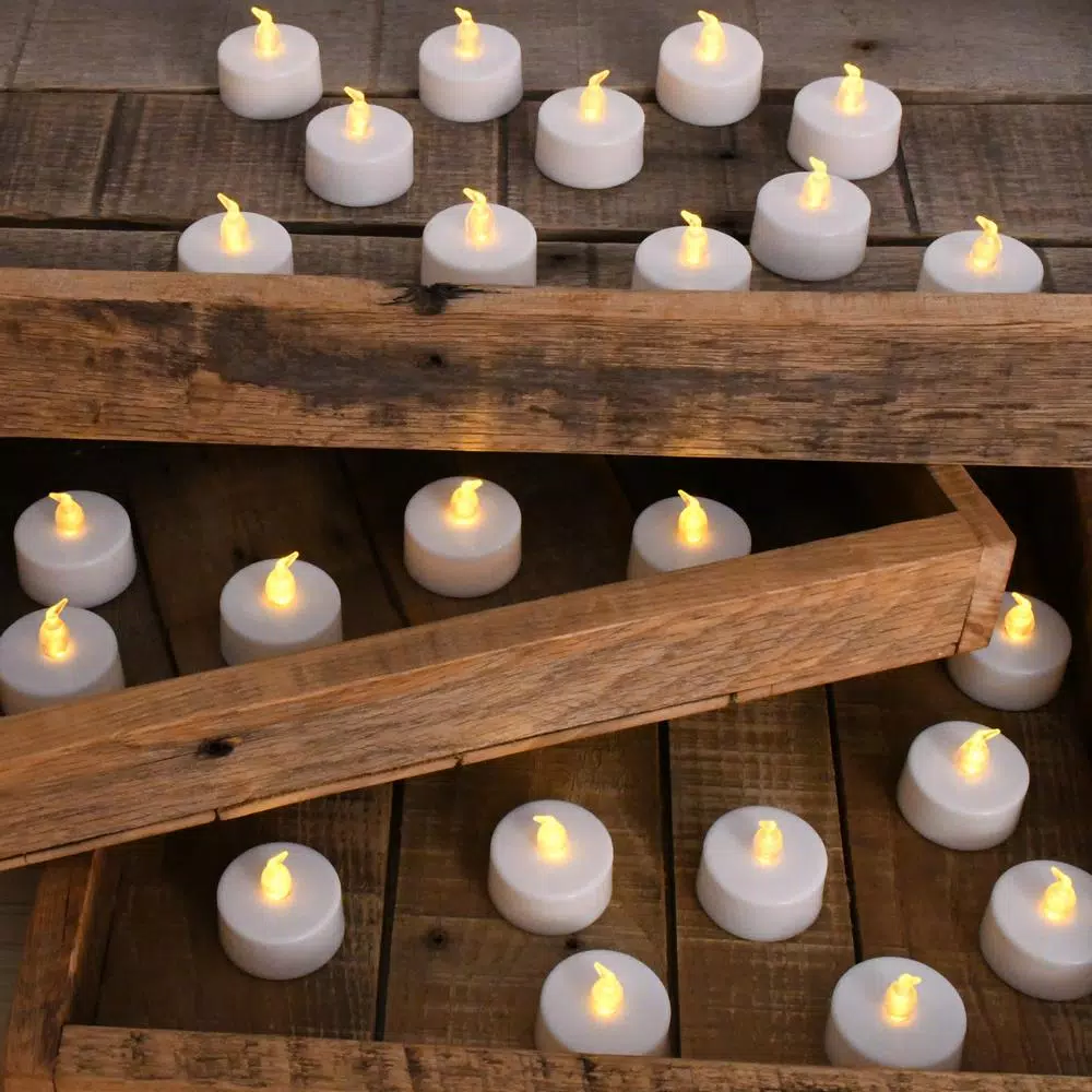 LUMABASE Amber LED Tea Light Candles - Battery Operated Flickering Flameless Set (24-Count)
