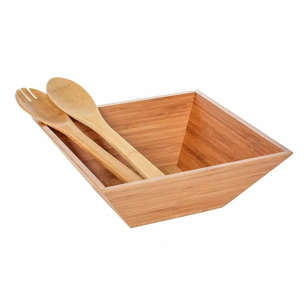 Heim Concept 4-Piece Bamboo Serving Bowl Set with Square Salad Bowls and Serving Hands