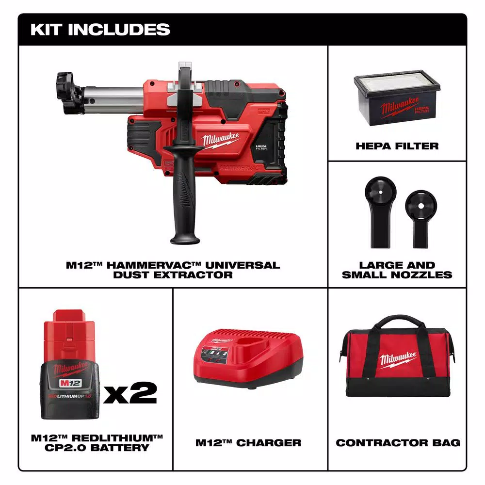 Milwaukee M12 12V Cordless Universal HammerVac Dust Extractor Kit with (2) 1.5Ah Batteries, Charger & Case