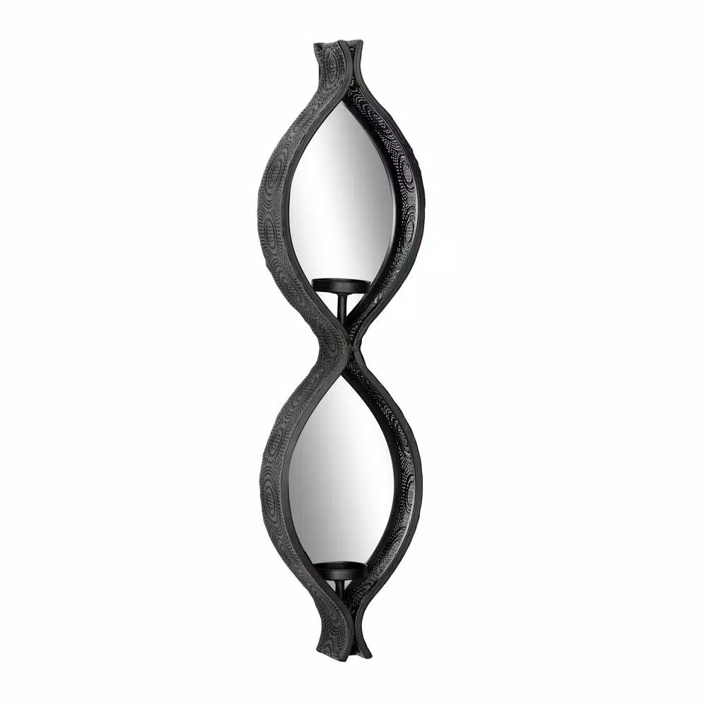 LITTON LANE Eclectic Figure Eight Black Metal Mesh Wall Sconces with Mirror Inlays, Set of 2