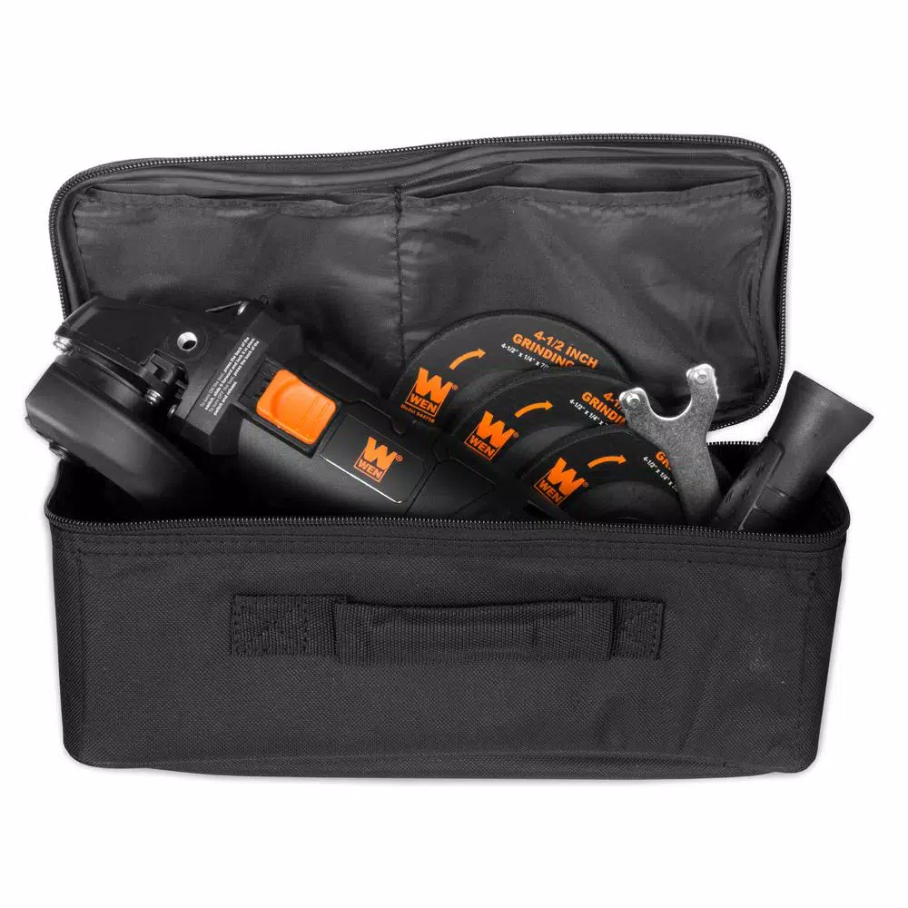 WEN 4.5 in. 7.5 Amp Corded Angle Grinder with Reversible Handle, 3 Discs, and Carrying Case