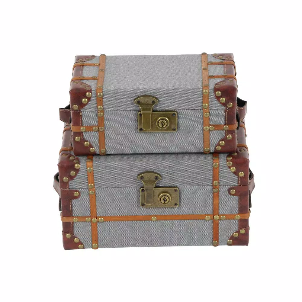 LITTON LANE Globetrotter Wood and Gray Burlap Fabric Decorative Storage Boxes with Leather Accents, Set of 2