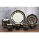 Lorren Home Trends 16-Piece Stoneware Dinnerware Set, Service for 4, Assorted Earth Tone Mosaic Design thumbnail 5