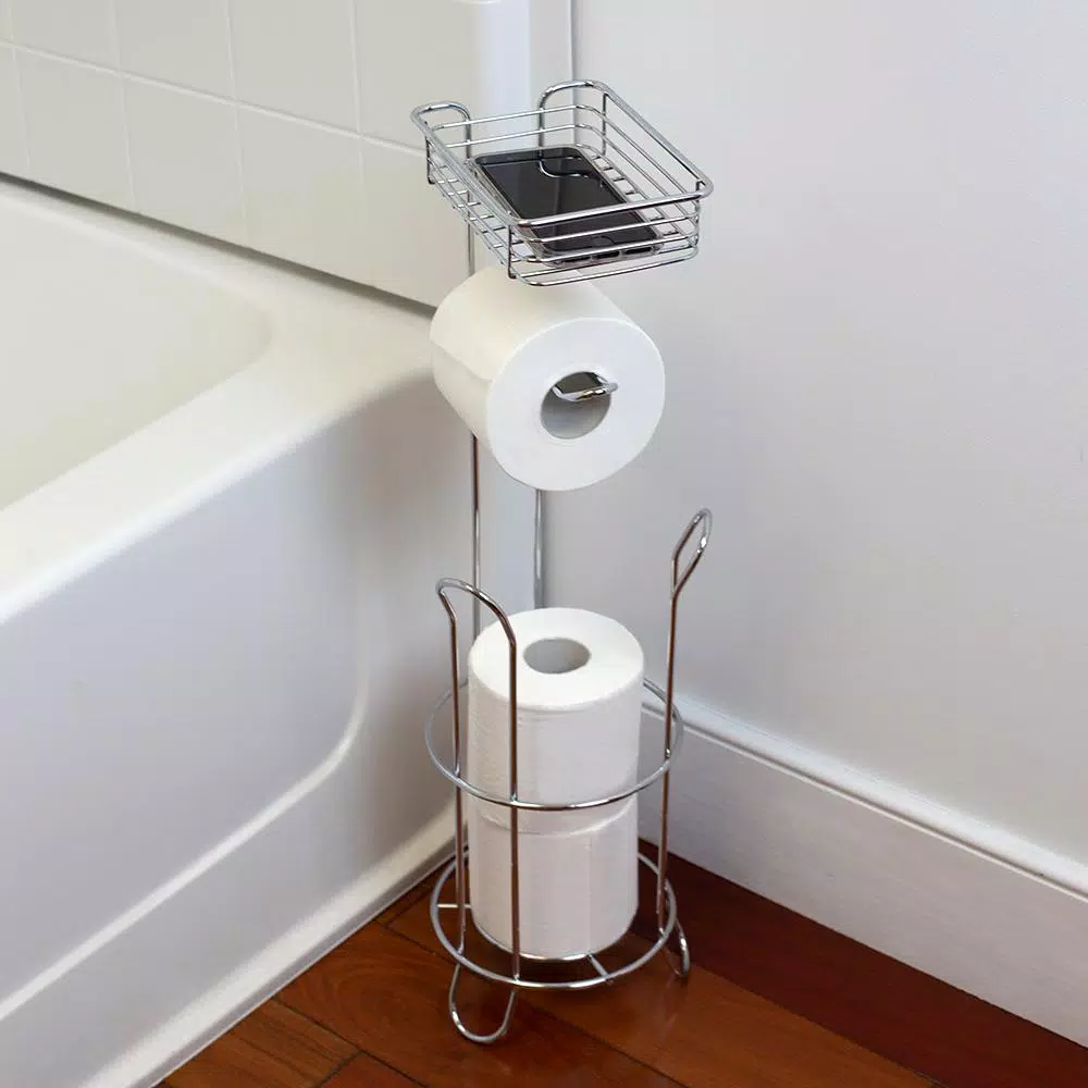 Home Basics Chrome Free-Standing Toilet Paper Holder with Built-In Accessory Tray and Storage Base