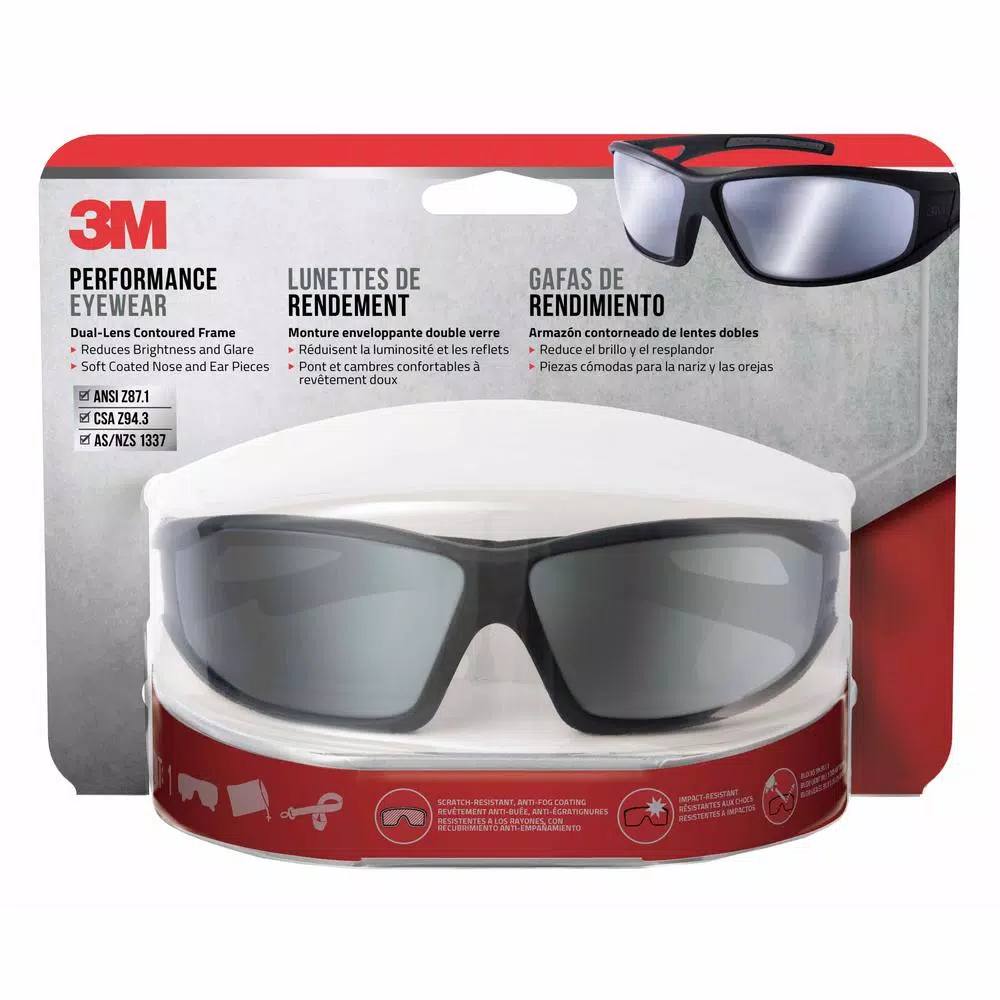 3M Performance Eyewear Safety Glasses, Black Frame with Silver Mirror Gray Lenses (4-Pack)