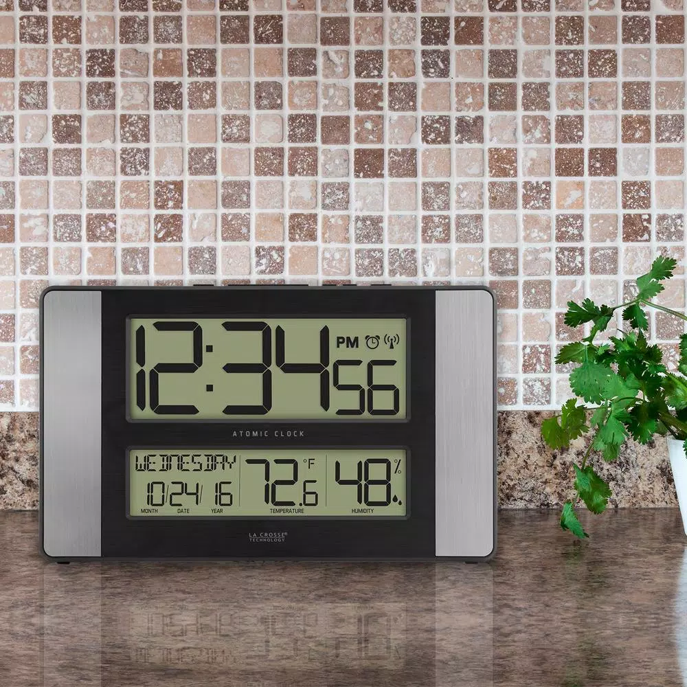 La Crosse Technology 11 in. Atomic Digital Wall Clock with Temperature, Humidity & Calendar - Aluminum Finish