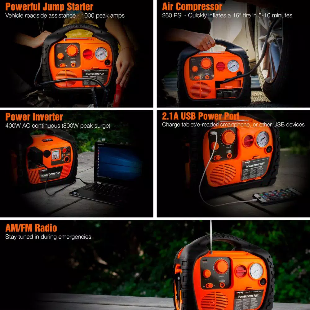 Wagan Tech Wagan Power Dome PLEX 1000 Peak Amp Jump Starter with 260 PSI Air Compressor & 800W Power Inverter