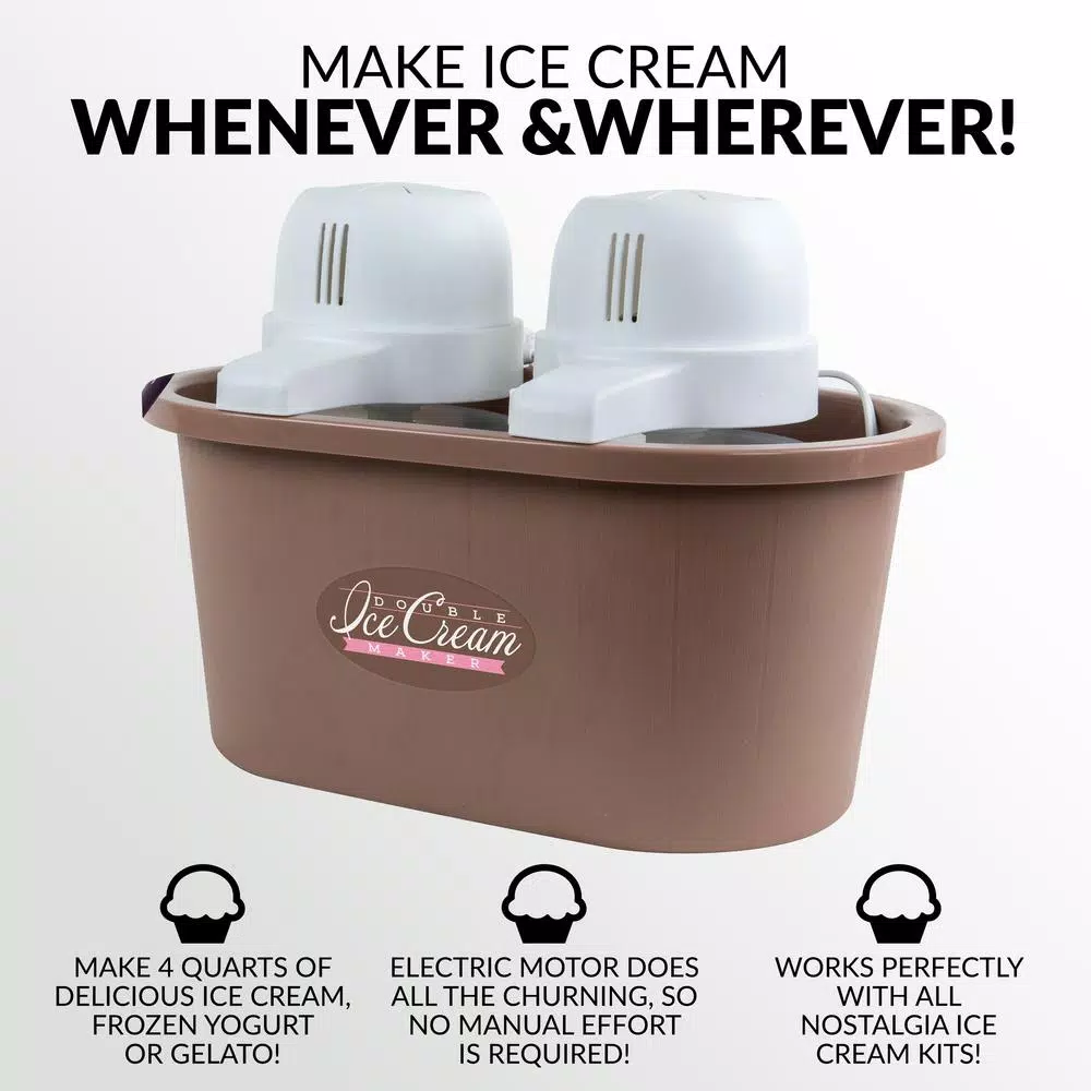Nostalgia 4 Qt. Double Flavor Ice Cream Maker, Brown Countertop Electric Machine
