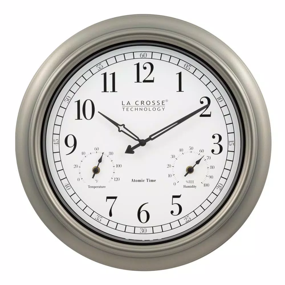 La Crosse Technology 18-Inch Atomic Analog Wall Clock with Thermometer & Hygrometer, Pewter