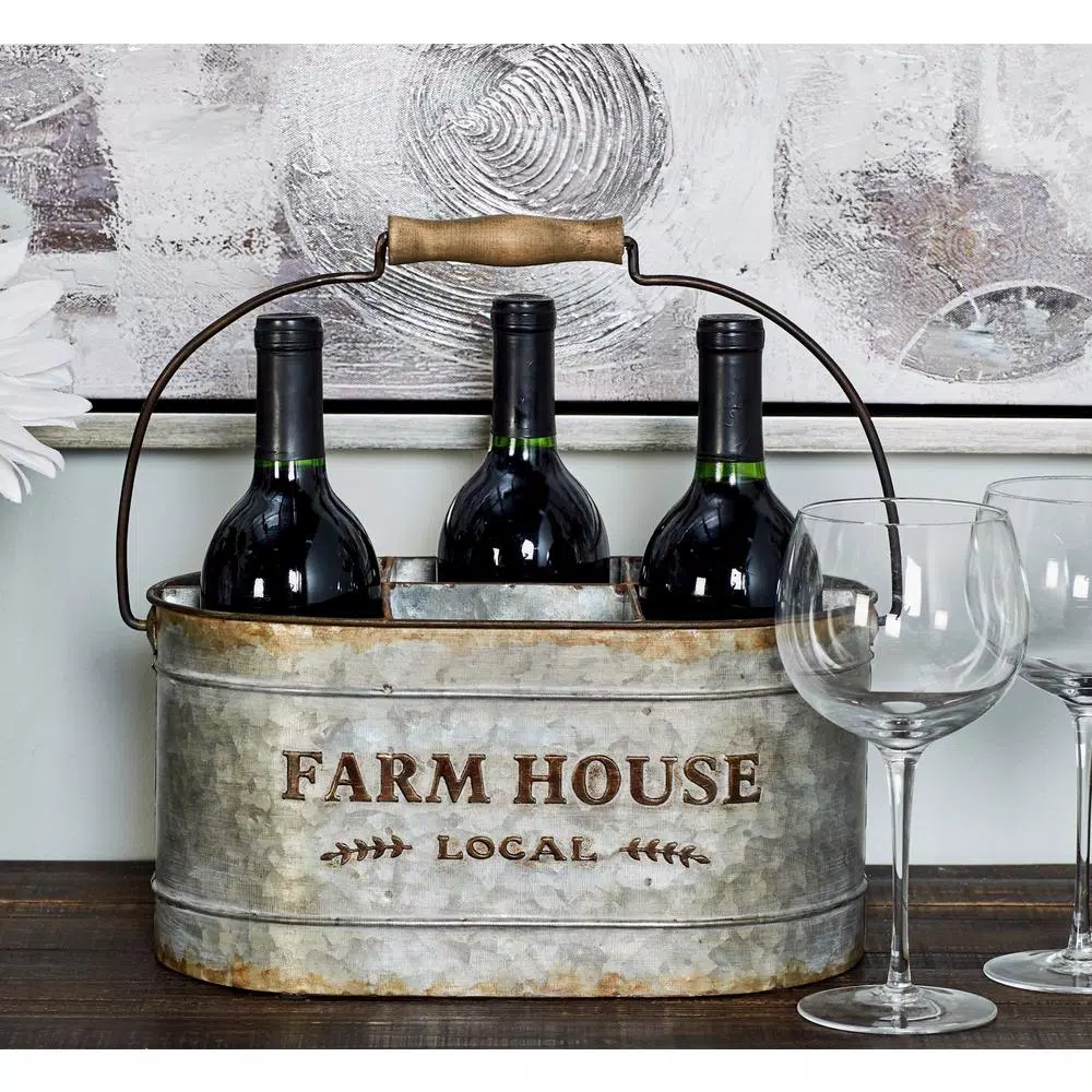 LITTON LANE Distressed Silver Iron 6-Bottle Oval Wine Caddy with Fir Wood Handle