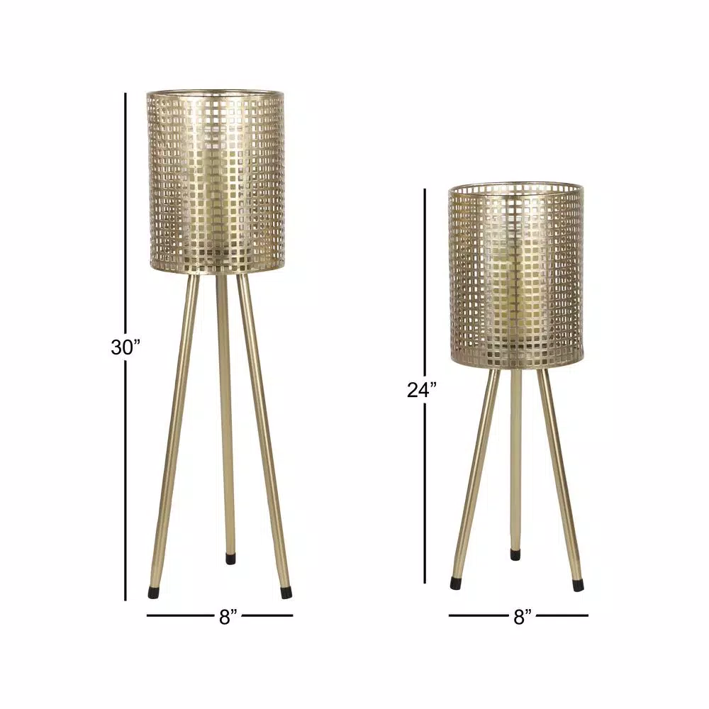 LITTON LANE Gold Mesh Metal Candle Holders on Tripod Bases, Set of 2, Industrial Style Lanterns