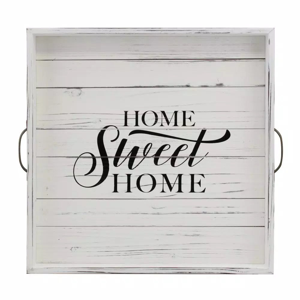 Stonebriar Collection Stonebriar Rustic White Wood Decorative Serving Tray with Metal Handles