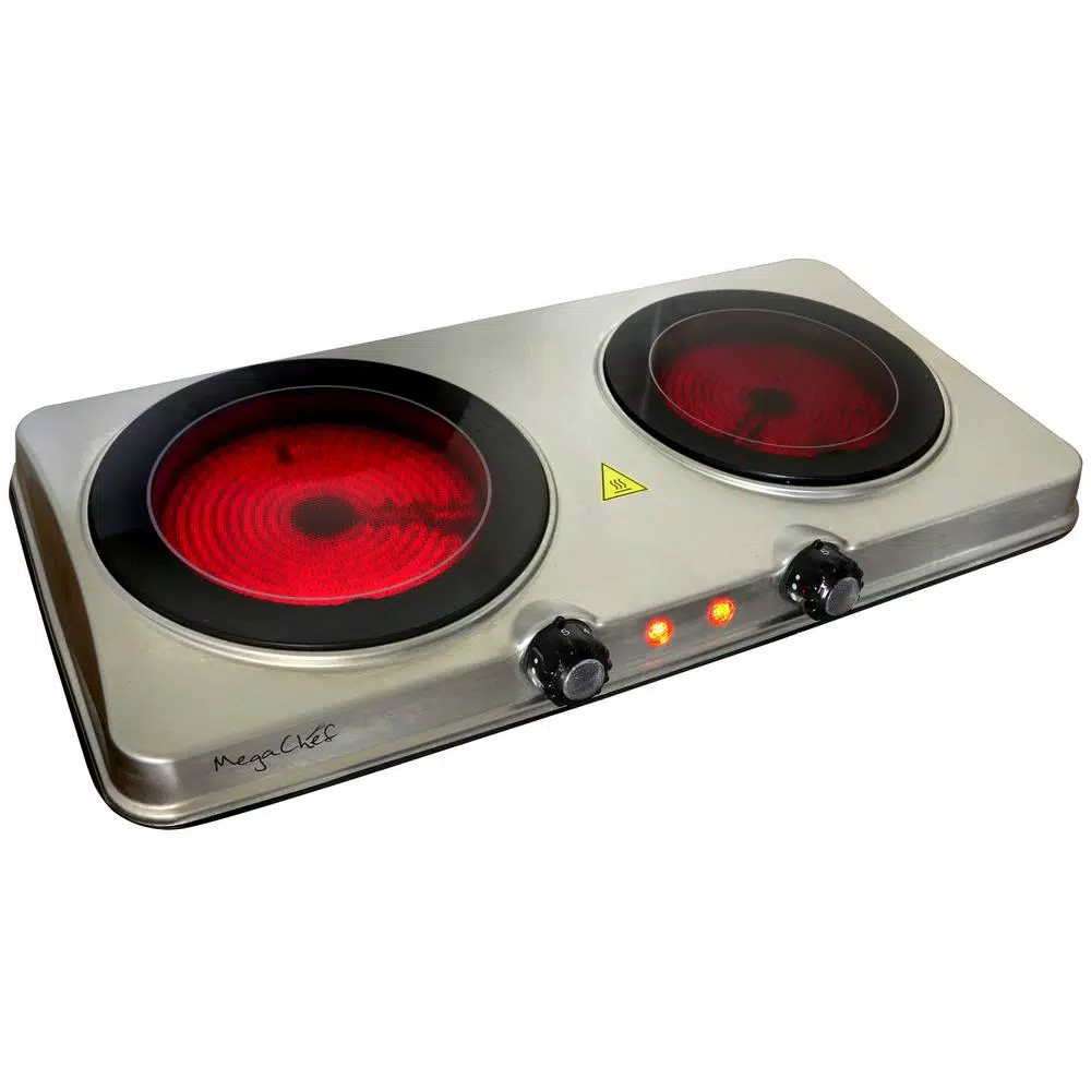 MegaChef 2-Burner Infrared Electric Hot Plate Cooktop, 1700W, Sleek Steel