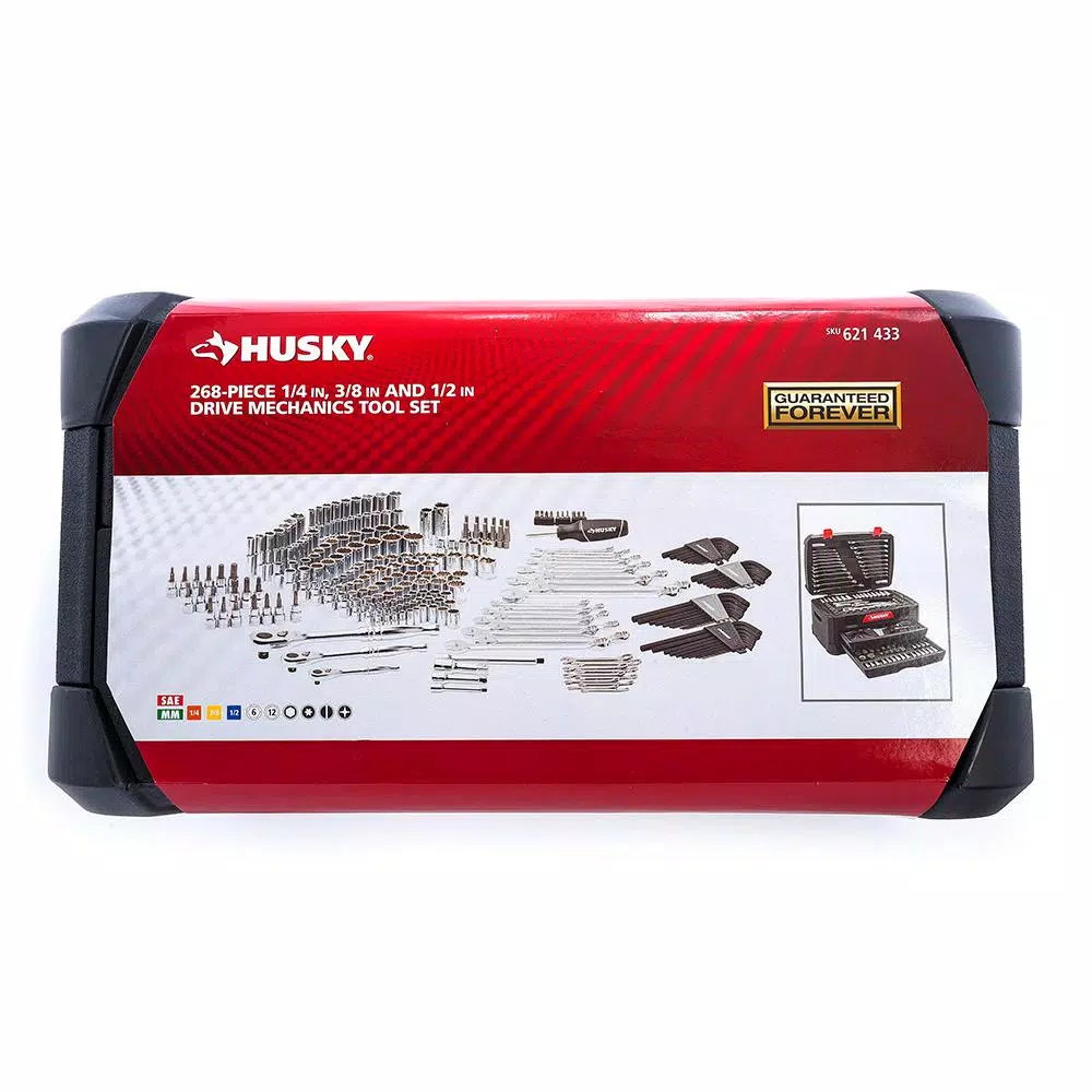 Husky 268-Piece Mechanics Tool Set with 1/4 in, 3/8 in, and 1/2 in. Drive Ratchets and Sockets