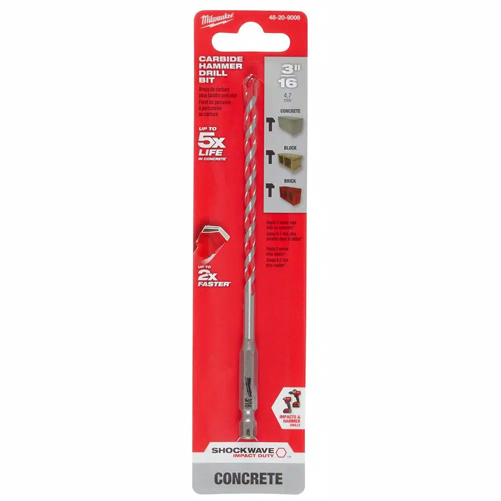 Milwaukee SHOCKWAVE 3/16 in. Carbide Hammer Drill Bit, 6 in. Length, 1/4 in. Hex Shank