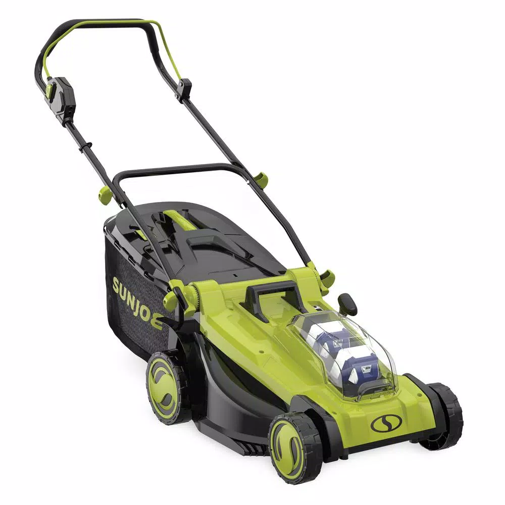 Sun Joe 48V iON+ 17 in. Cordless Electric Walk Behind Push Lawn Mower Kit with 2x 4.0 Ah Batteries and Charger