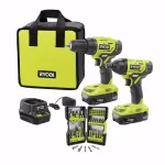 RYOBI 18V ONE+ Cordless 2-Tool Combo Kit with (2) 1.5Ah Batteries, Charger, Bag & 70-Piece Impact Rated Driving Kit thumbnail 1