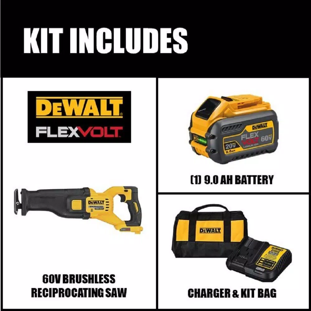 DEWALT FLEXVOLT 60V MAX Cordless Brushless Reciprocating Saw with 9.0 Ah Battery
