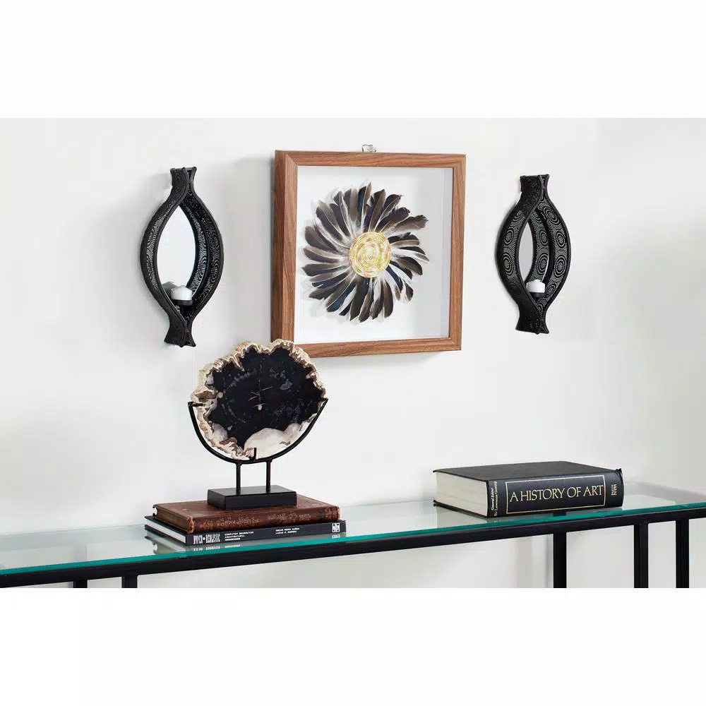 LITTON LANE Eclectic Black Metal Mesh Ellipse Wall Sconces with Mirror Inlays, Set of 2