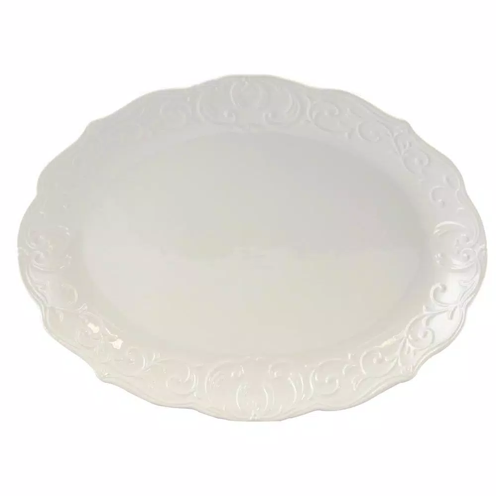Gibson Home Royal Abbey White Durastone Oval Embossed Ceramic Serving Platter