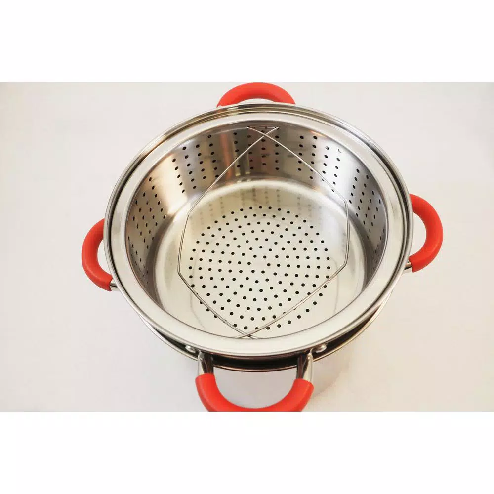 ExcelSteel 12 Qt. Stainless Steel Multi-Cooker Pasta Pot Set with Steamer Insert and Red Silicone Handles