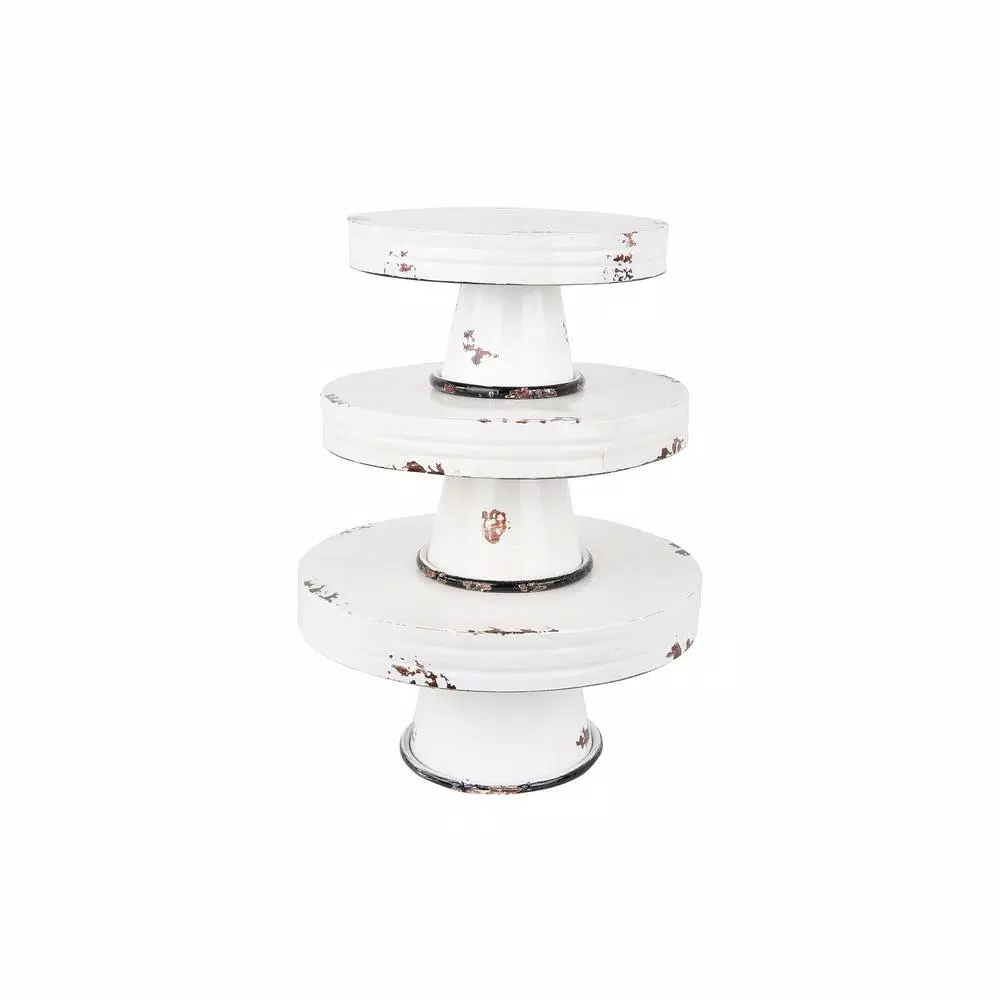 3R Studios Distressed White Metal Cake Stand Set of 3 - Country Cottage Style Pedestals