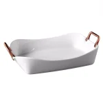 Denmark 18 in. Rectangular White Porcelain Serving Tray with Brushed Copper Handles thumbnail 1