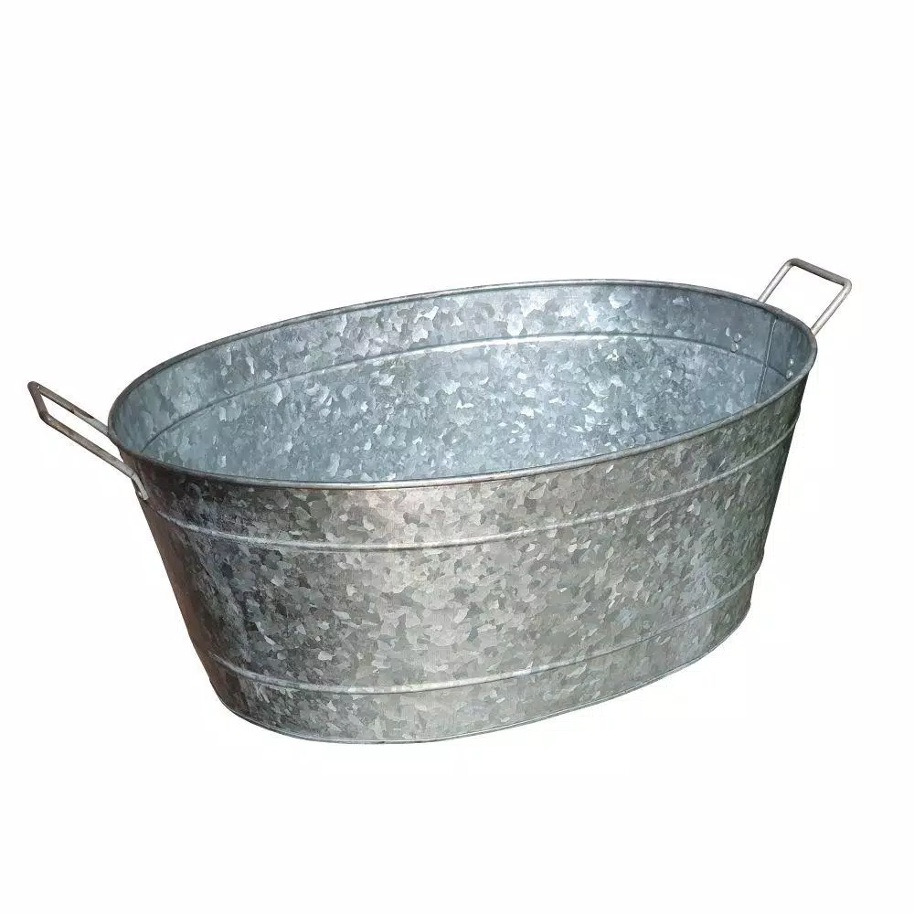 Benjara 1.1 Gal. Oval Galvanized Steel Embossed Tub with Side Handles, Silver