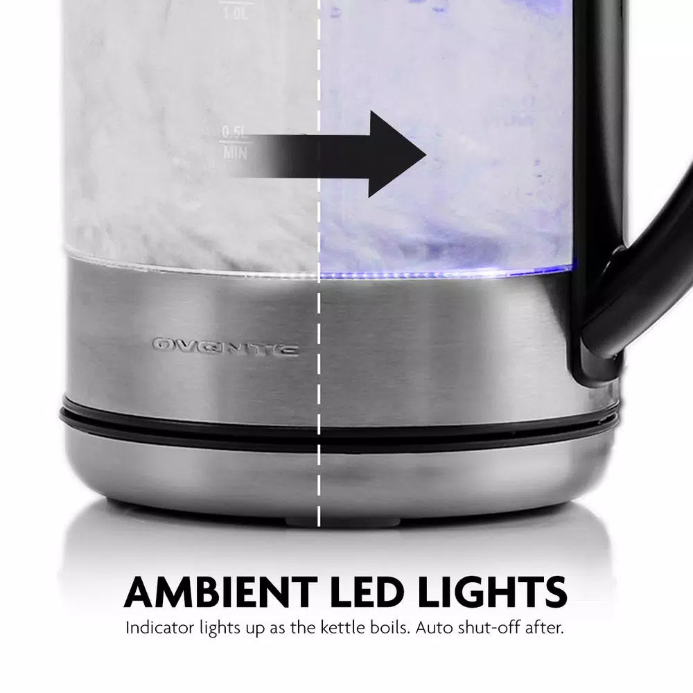 Ovente KG612S 1.7L Glass Electric Kettle, 1500W Silver Stainless Steel with Blue LED Light