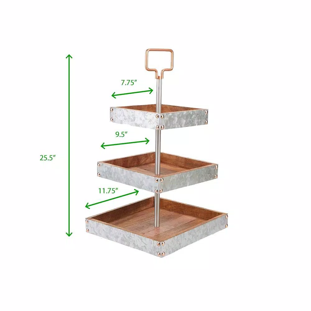 Mind Reader Products 3-Tier Silver Cake Stand, Galvanized Steel & Wood Dessert Display with Handle