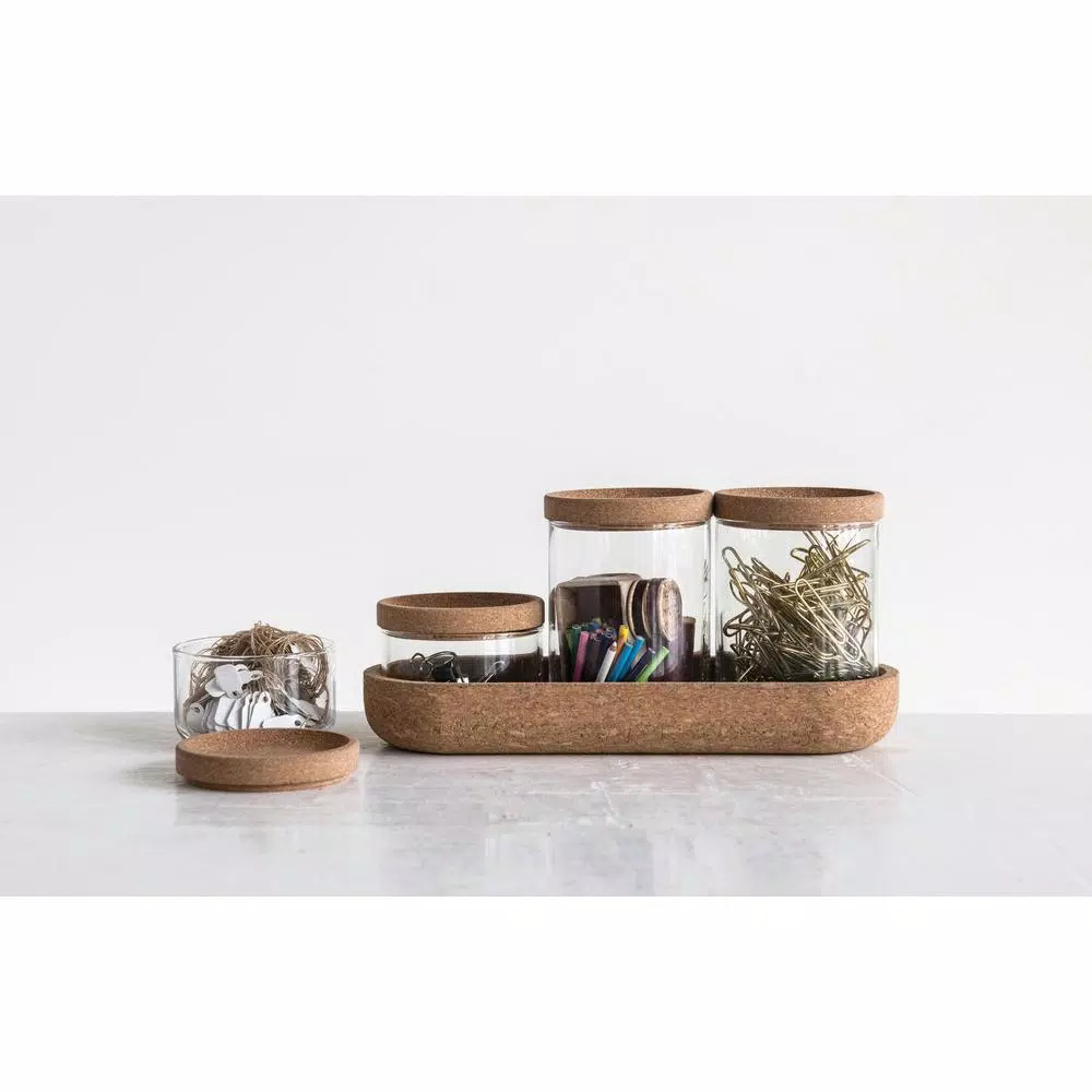 3R Studios 4-Piece Glass Storage Container Set with Cork Lids and Matching Tray