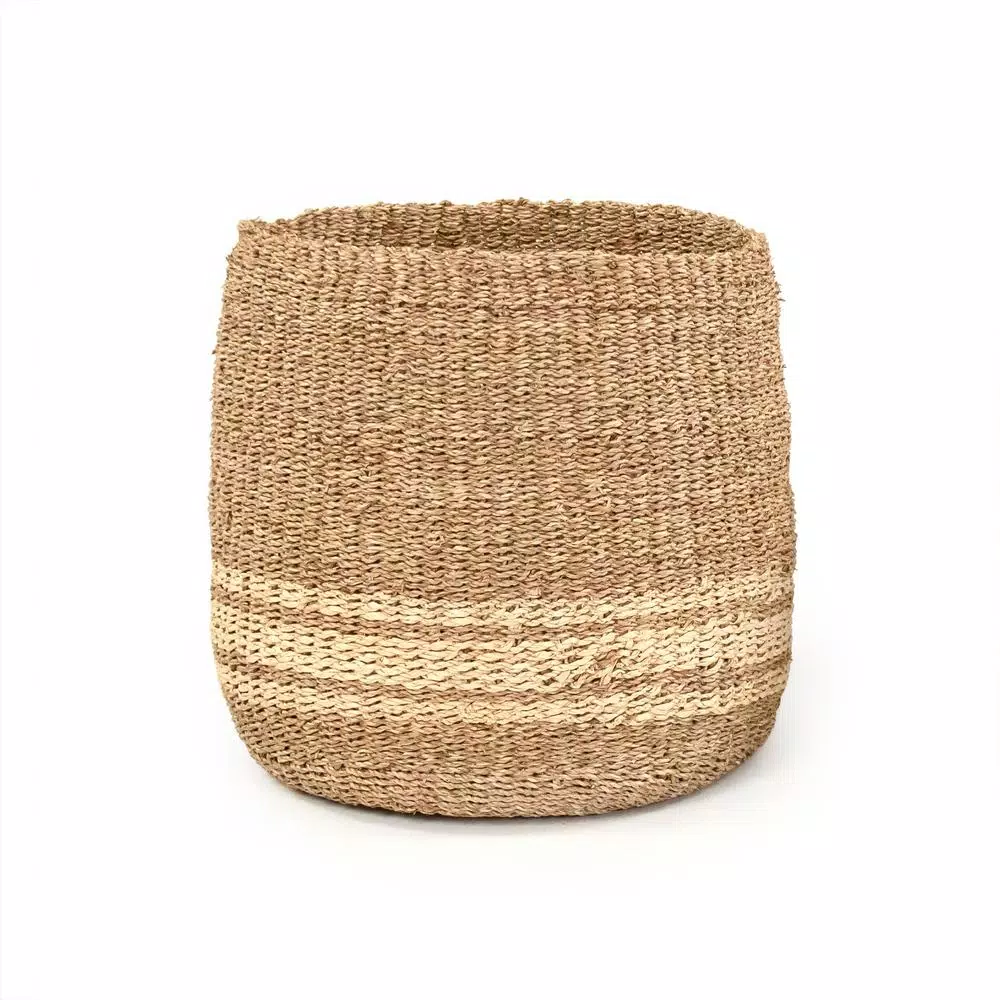 Zentique Hand Woven Seagrass and Palm Leaf Large Decorative Basket with Beige Stripes