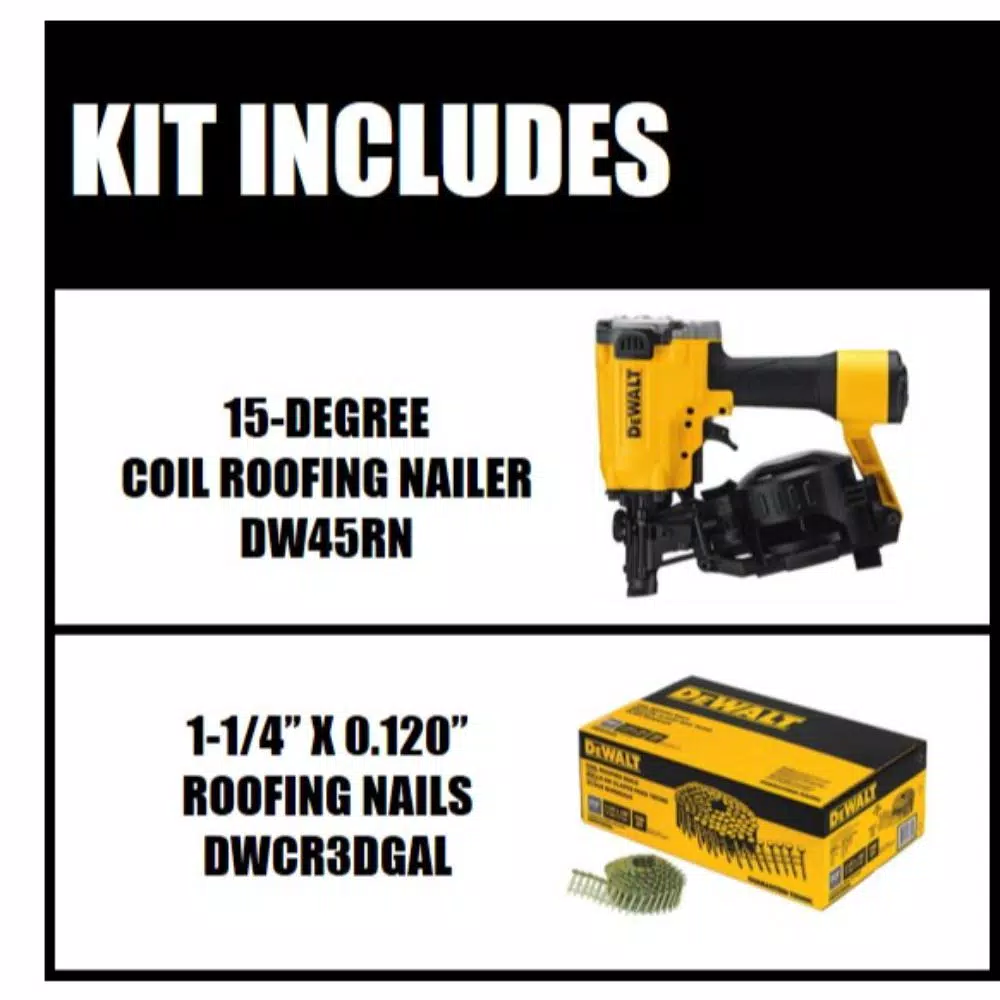 DEWALT 15-Degree Pneumatic Coil Roofing Nailer with 7,200-Pack Galvanized Steel Nails