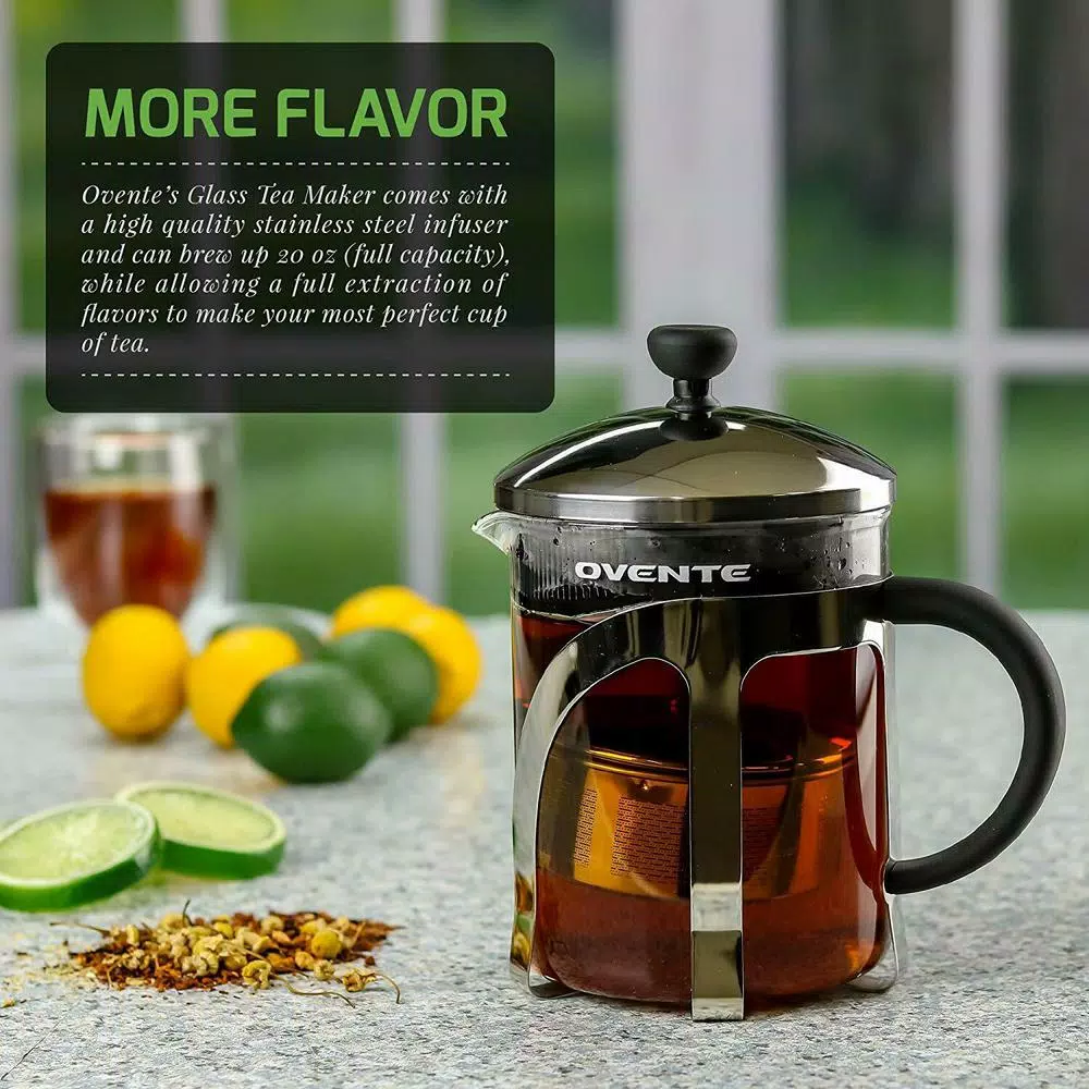 Ovente 27 oz. Borosilicate Glass Tea Maker with Stainless Steel Infuser and Warming Stand