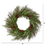 Nearly Natural 20in. Artificial Cedar and Ruscus Wreath with Red Berries thumbnail 2