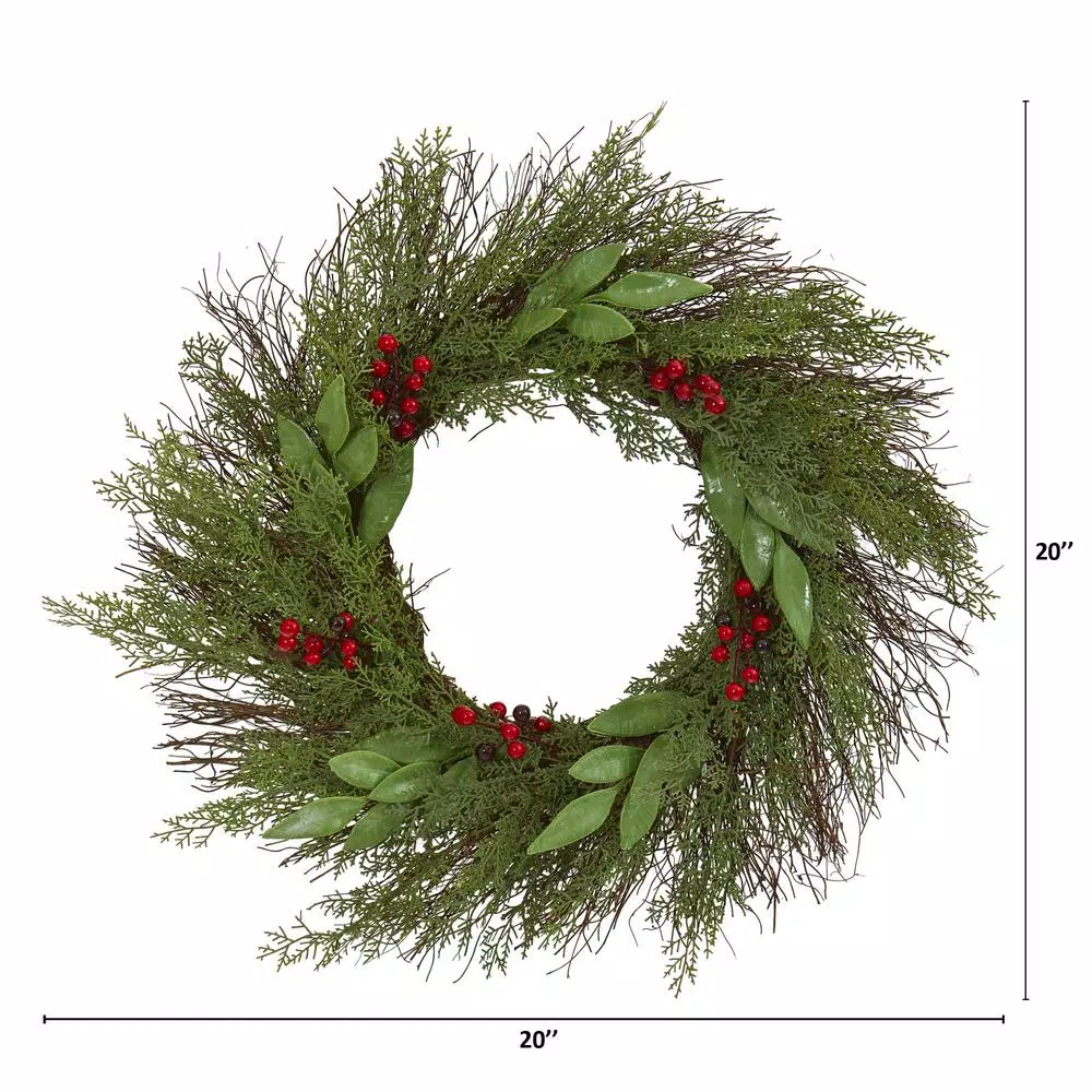 Nearly Natural 20in. Artificial Cedar and Ruscus Wreath with Red Berries