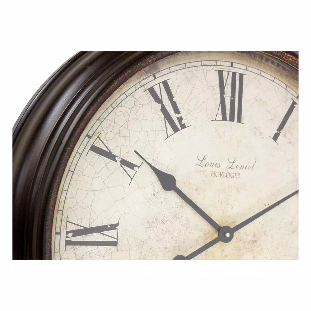 Aspire Home Accents Emmaline Distressed Brown Round Wall Clock - Oversized Romanesque Iron Frame