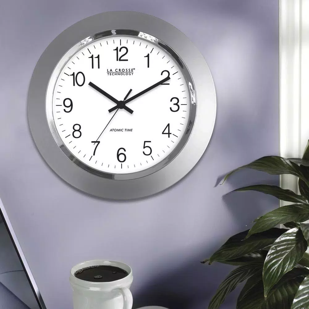 La Crosse Technology 14 in. Atomic Analog Wall Clock with Chrome Rim and 4 US Time Zones