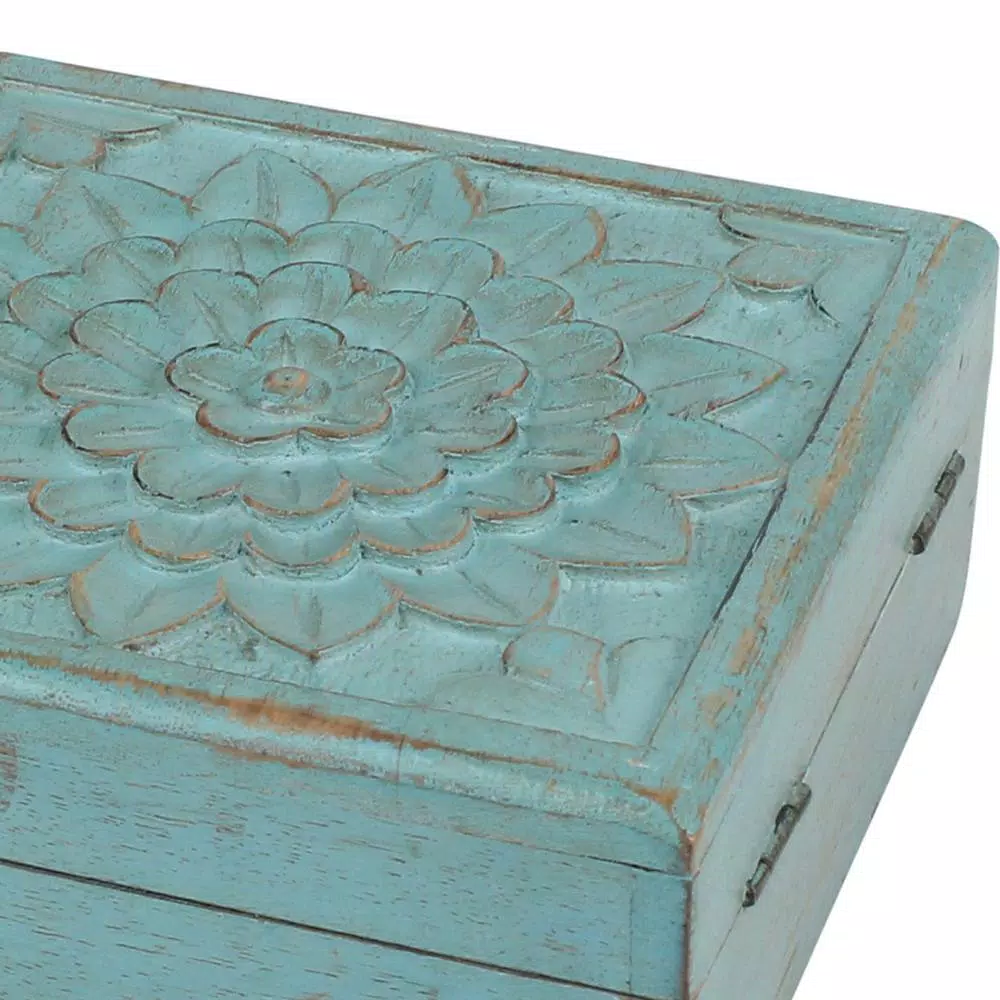 Stonebriar Collection 6 in. Weathered Sky Blue Wooden Trinket Box with Hinged Lid and Carved Floral Design