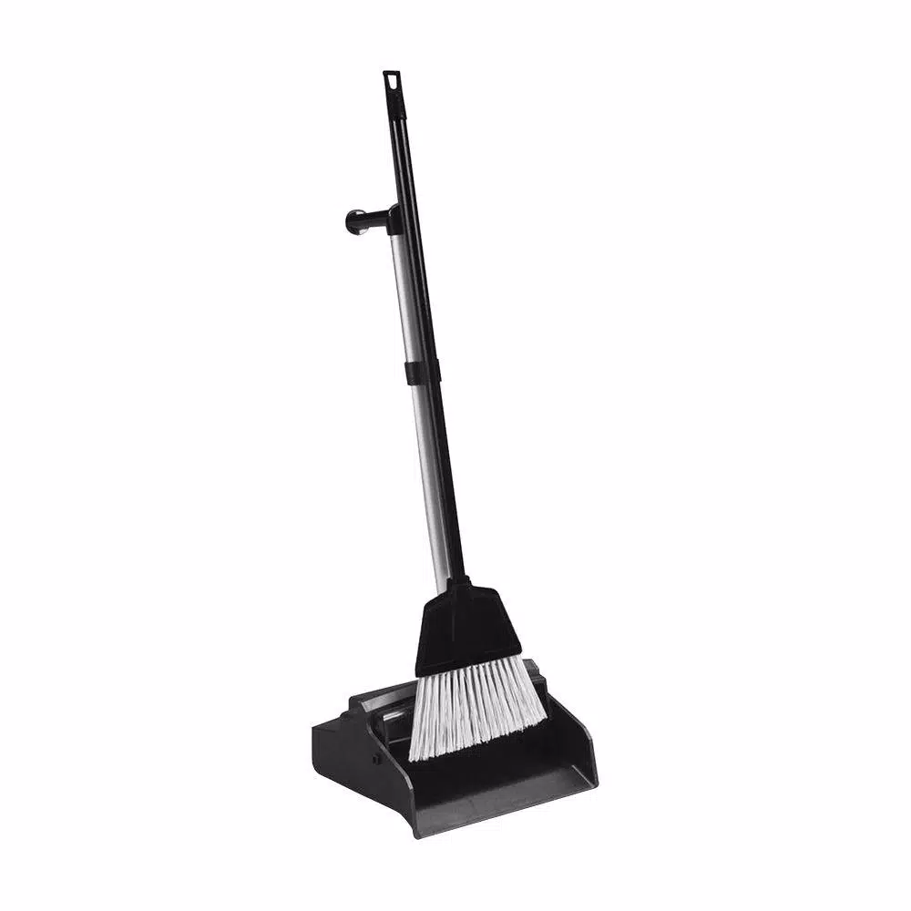 Genuine Joe Plastic Lobby Dust Pan and Broom Combo Kit with 32 in. Ergonomic L-Grip Handle