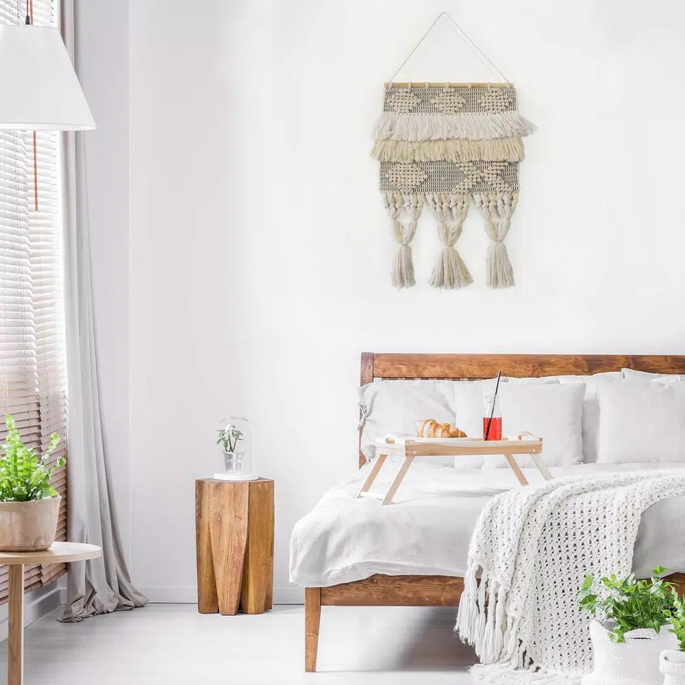 LR Home Bohemian Neutral Ivory Tasseled Wall Tapestry - Hand Woven Cotton Wall Hanging