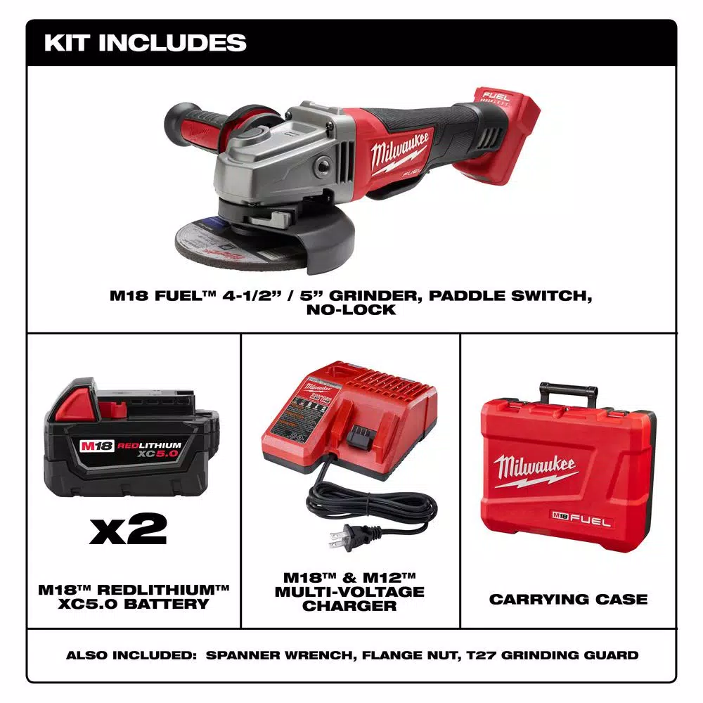 Milwaukee M18 FUEL 4-1/2" / 5" Cordless Angle Grinder Kit with (2) 5.0 Ah Batteries & Charger