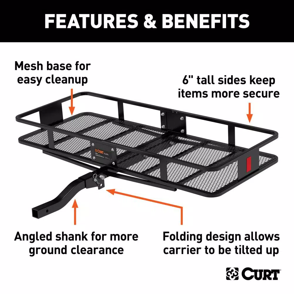 CURT 60" x 24" Black Steel Basket Cargo Carrier with 2" Folding Shank, 500 lbs. Capacity